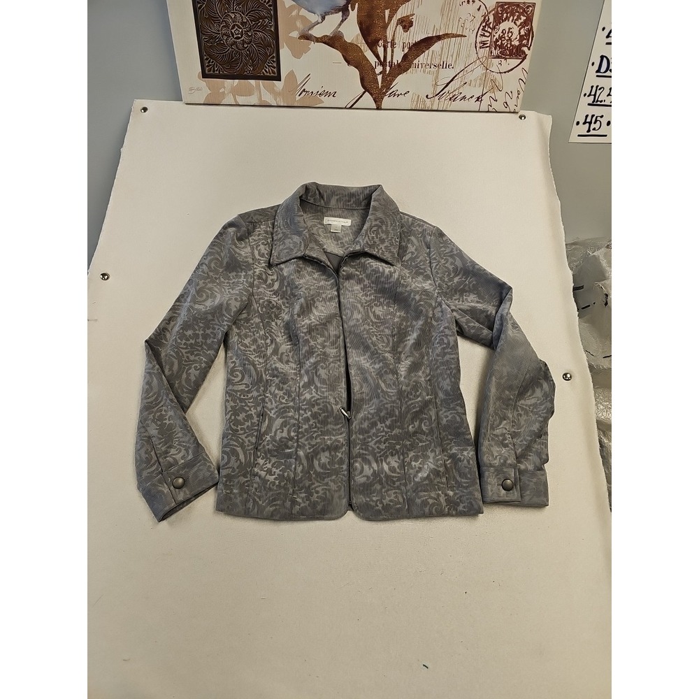Christopher CJ Banks Medium Jacket Gray  Damask Corduroy Collar Pockets Zip